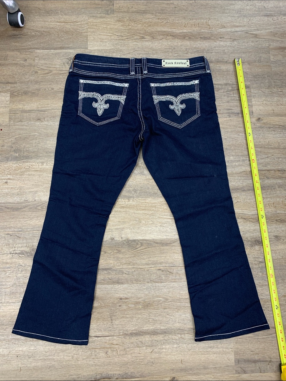 Rock Revival Amanda Dark Blue Flare Jeans with Embroidered Back Pockets Size 36